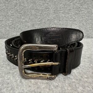 VTG‎ Harley-Davidson Mens Black Leather Chain Link Belt Distressed Biker Logo 38